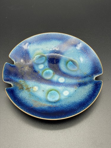 Sascha Brastoff Copper Enamel Trinket Dish Ash Tray Royal Blue Abstract Fish 5X5 - Picture 3 of 8