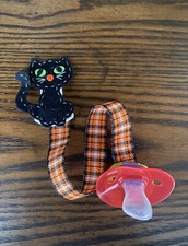 Halloween Black Cat Ribbon Pacifier holder clip strap, binky, paci leash-New