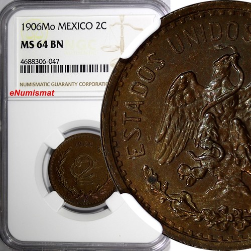 Mexico ESTADOS UNIDOS MEXICANOS 1906 Mo 2 Centavos NGC MS64 BN TONED KM#419 (47) - Picture 1 of 4