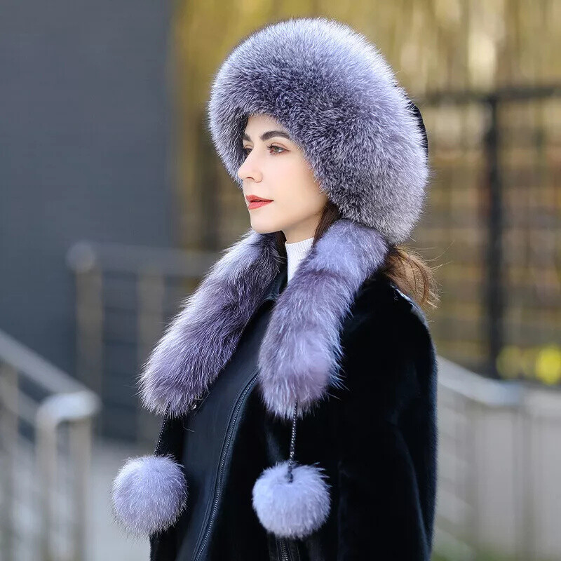 Women's Real Fox Fur Hat Russian Ushanka Ski Hat Cap w Neck Scarf