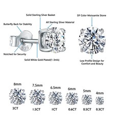 0.5-2CT Moissanite Stud Earrings 925 Sterling Silver 18k Gold Plated for Women