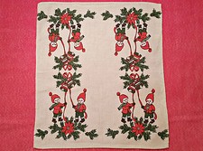 VINTAGE CHRISTMAS DWARFS GRAY RED GREEN LINEN...