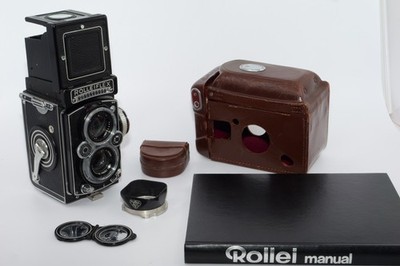 Rolleiflex 3.5E 6x6cm TLR film camera. Type 1. Planar 75mm f3.5. Hood. Case. Cap