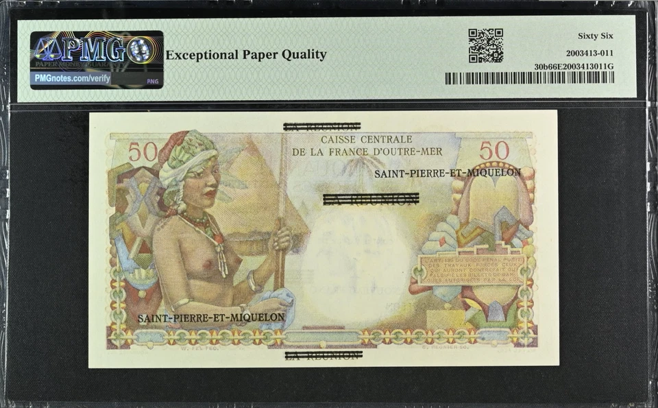 SAINT PIERRE & MIQUELON, 50 FRANC OVERPRINT on REUNION #44  1 NF 1960 PMG 66 EPQ - Image 2 of 3