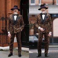 Mens Spring Leopard Print Jacket Black Shawl Lapel Double Breasted Party Suits