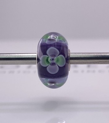 Trollbeads Glass Bead Purple Flower with Green Accents Retired Unique