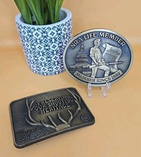 2 Vintage NRA Belt Buckles Preserving Shooting Heritage Life Member 1983
