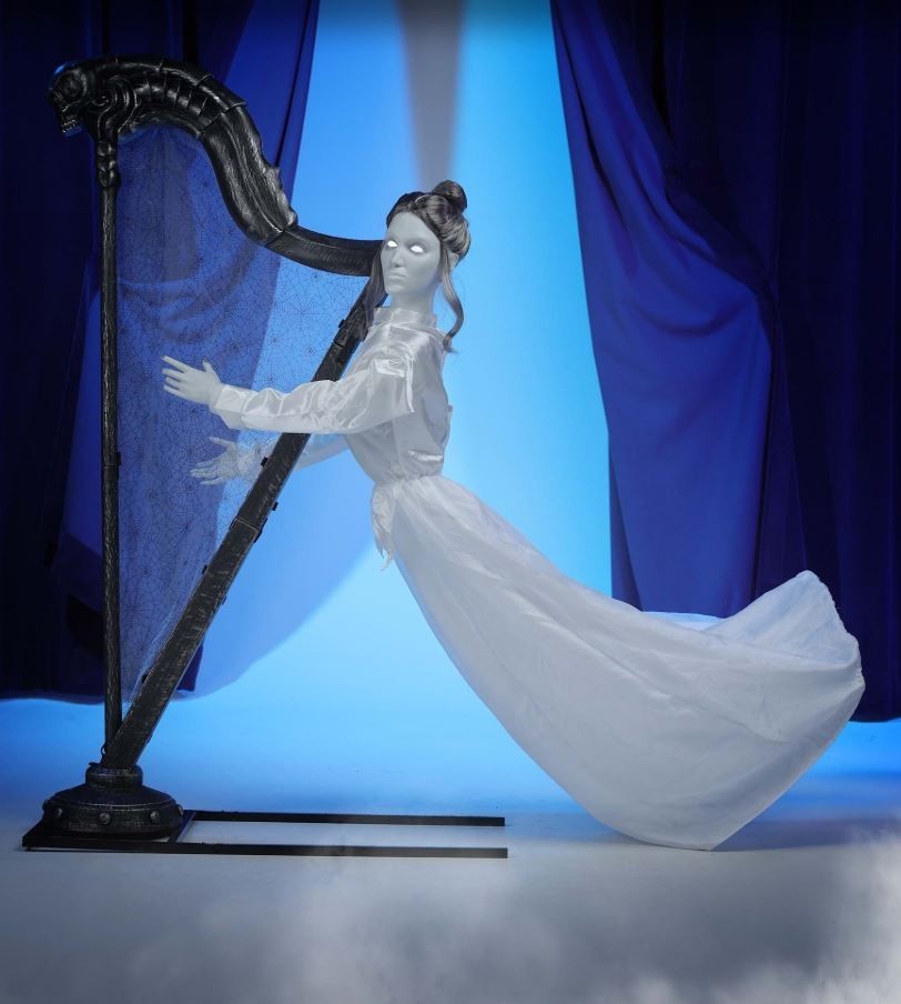 5.5 FT ANIMATED RESTLESS GHOST PLAYING HARP HALLOWEEN PROP ANIMATRONIC