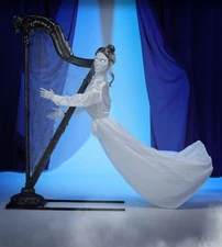 5.5 FT ANIMATED RESTLESS GHOST PLAYING HARP HALLOWEEN PROP ANIMATRONIC