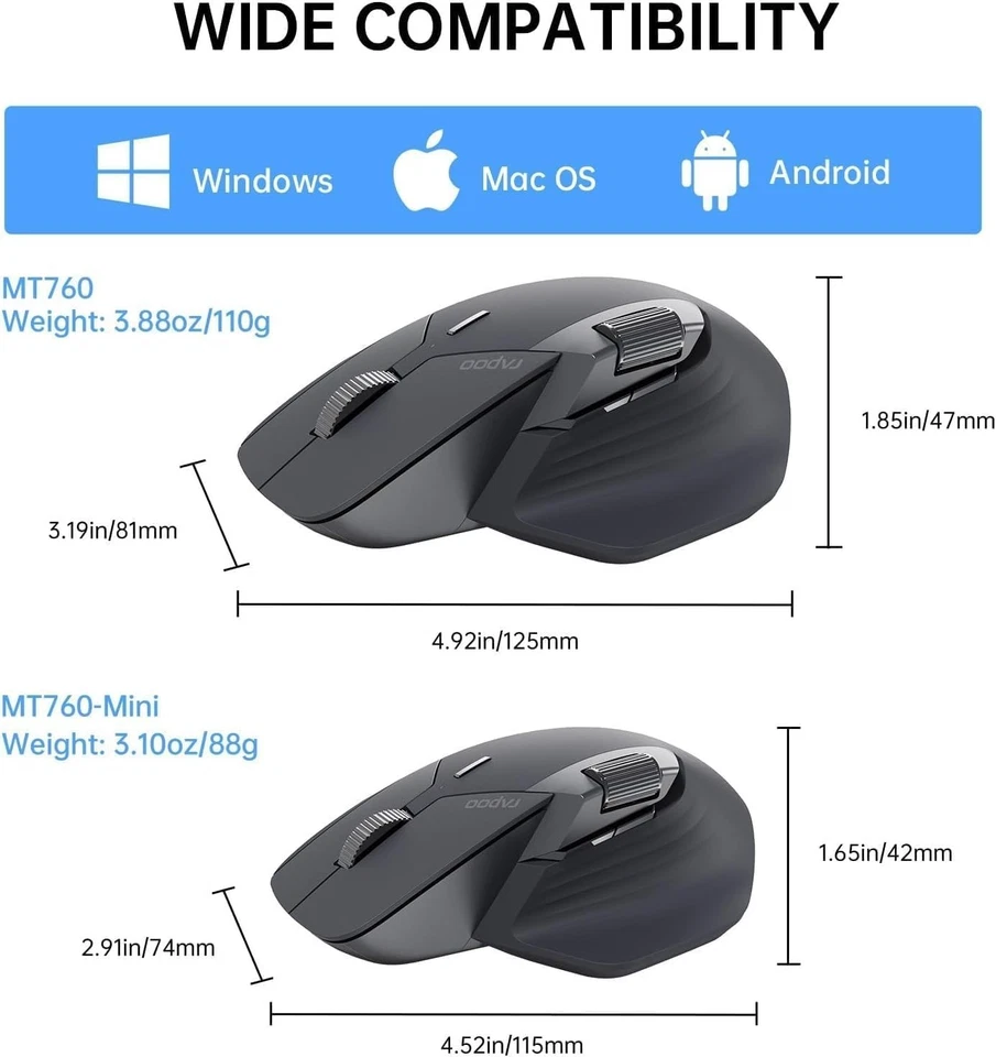 RAPOO MT760 Multi-Device Wireless Mouse Bluetooth 4000 DPI for PC Laptop Mac - Image 2 of 4