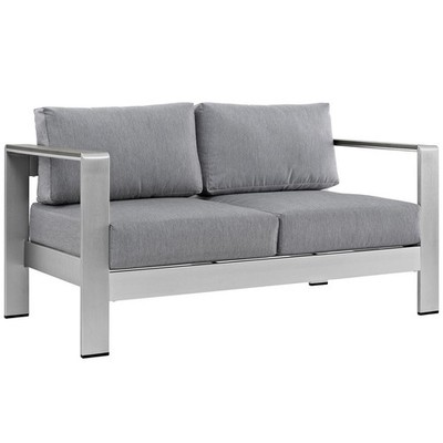 Modway Shore Fabric and Aluminum Outdoor Patio Loveseat in Silver/Gray