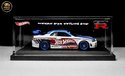 Hot Wheels Nissan GT-R R34 Skyline Weiß Blau Custom Vitrine JDM