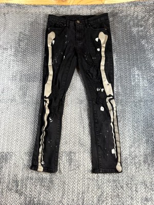 Rue21 Premium Jeans Women 28x30 Black Distressed Skeleton Bones Graphic Straight