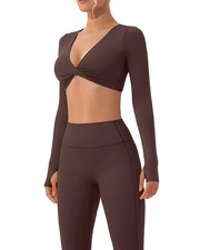 Women 2 Piece Workout Sets Long Sleeve Twist Deep V Crop Padded Tops Yoga Leg...