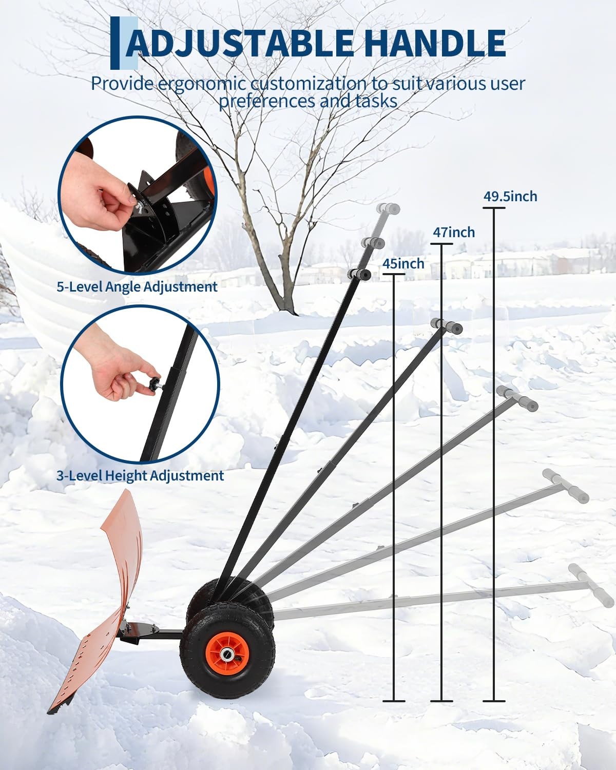 29" Snow Shovel with Wheels Durable Metal Snow Removal Pusher Plow for Driveway