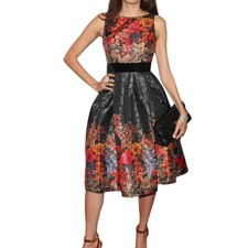 Adrianna Papell Metallic Floral Midi Cocktail Dress, Sz 8, Black Red Fit & Flare