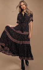 Free People Rare Feelings Tiered Pleated Prairie Floral Boho Maxi Dress XS