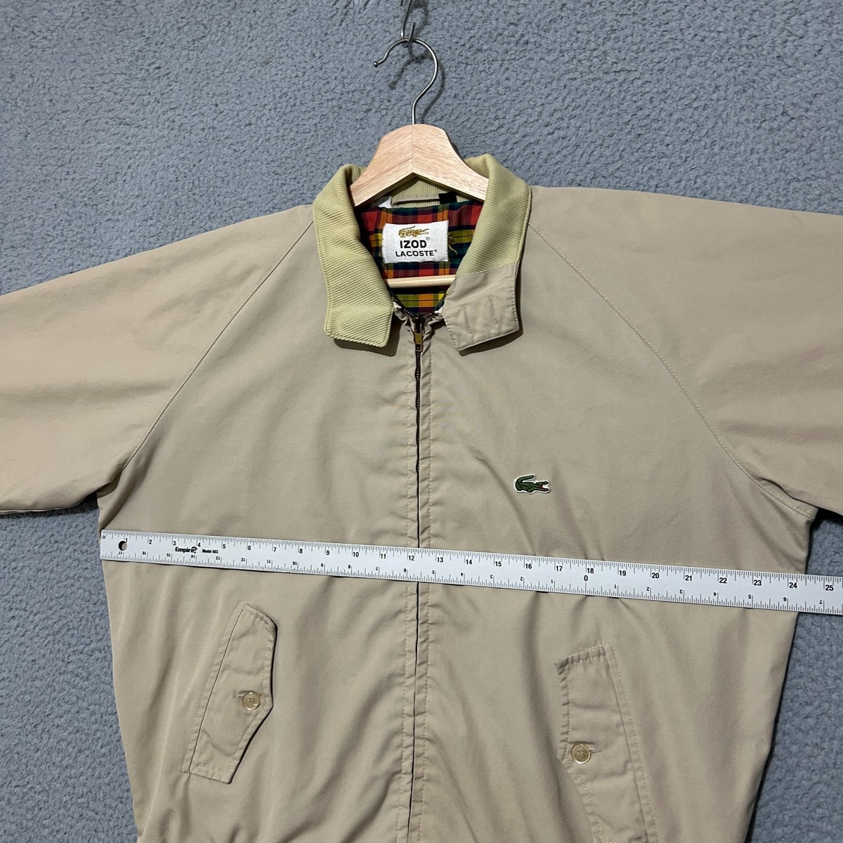Vintage IZOD Lacoste Jacket Men L Beige Plaid Lined Full Zip