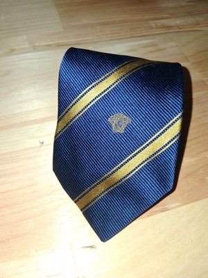 VINTAGE EUC Silk NeckTie VERSACE MEDUSA HEAD LOGO STRIPED  BLUE NAVY GOLD YELLOW