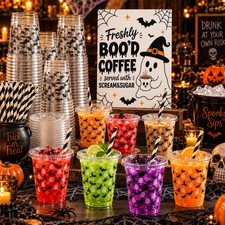 51Set Halloween Ghost Bat Coffee Cups with Lids Straws BOO Bar Sign