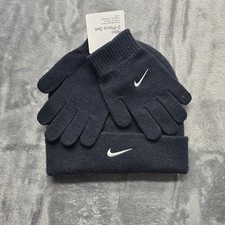 Nike Boy's Swoosh Logo 2 Piece Cuff Beanie Hat  Gloves Set - Black - 8/20