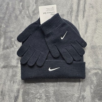 Nike Boy's Swoosh Logo 2 Piece Cuff Beanie Hat & Gloves Set - Black - 8/20