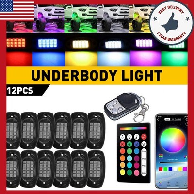 12 Pods RGB Rock LED Lights Kit Offroad Underbody Truck Neon Music Bluetooth APP