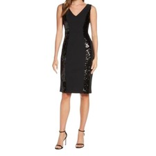 Vince Camuto Black Sequin V-Neck Sheath Cocktail Dress Sz 14