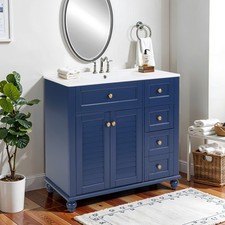 36" Blue Bathroom Vanity with Ceramic Sink, Soft-Close Drawers, Solid Wood Frame