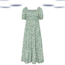 Ex Women's Petite Size Bardot Dress Green Tiered Floral Short Puff Sleeve