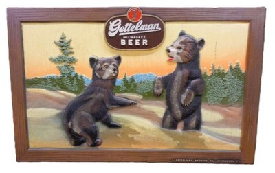 1940's  Vintage Gettelman Beer Composite Sign ''2 Black Bear Cubs'' Milwaukee Wis
