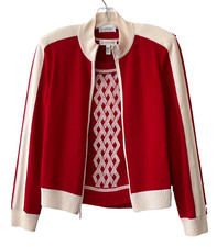 Vintage St John Sport Sweater Set Vibrant Red Creamy White Trim Size Regular P