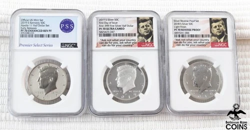 Lot of 3: 2018-2019 KENNEDY HALF Dollar Coins NGC PF70 Rev Proof, PF70 Ultra Cam