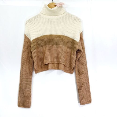 Missguided Cropped Colorblock Strick Rollkragen Pullover hellbraun XS 2/4