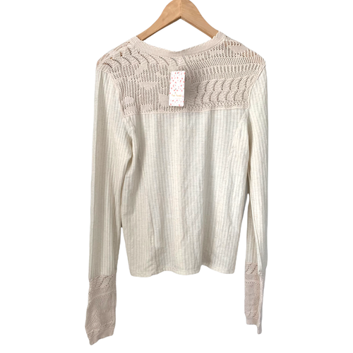 Free People Colette Crochet Yoke Cuffs Sand Cream Sweater Large - Picture 2 of 10