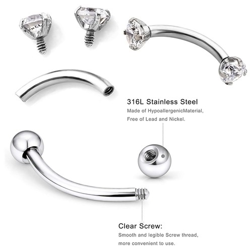 2-6PCS Eyebrow Bar Ring Curved Gem Stone Lip Ear Piercing Barbell Body Jewellery - Picture 8 of 16