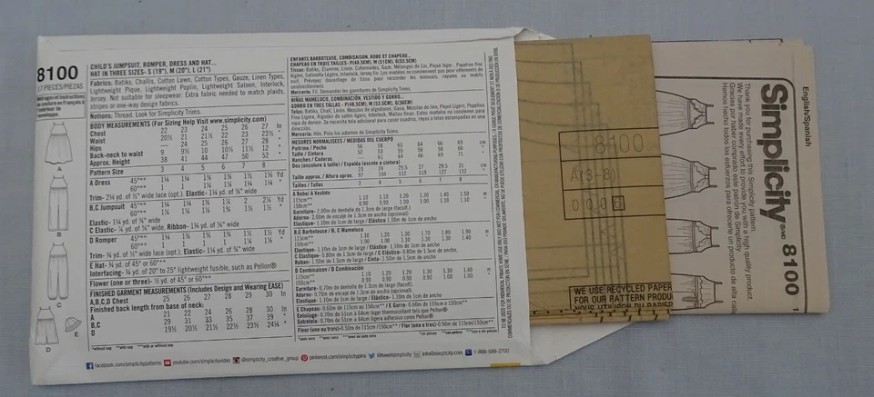 Simplicity Sewing Pattern 8100 Size 3 4 5 6 7 8 Sundress Romper Jumpsuit Hat NOS - Image 2 of 2