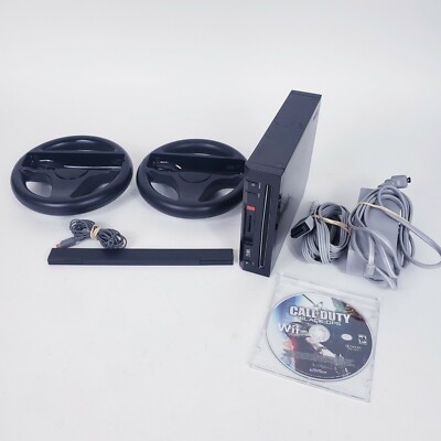 Nintendo Wii Black Bundle RVL-101 CoD: Black Ops, Cables, Sensor Bar, 2 Wheels +