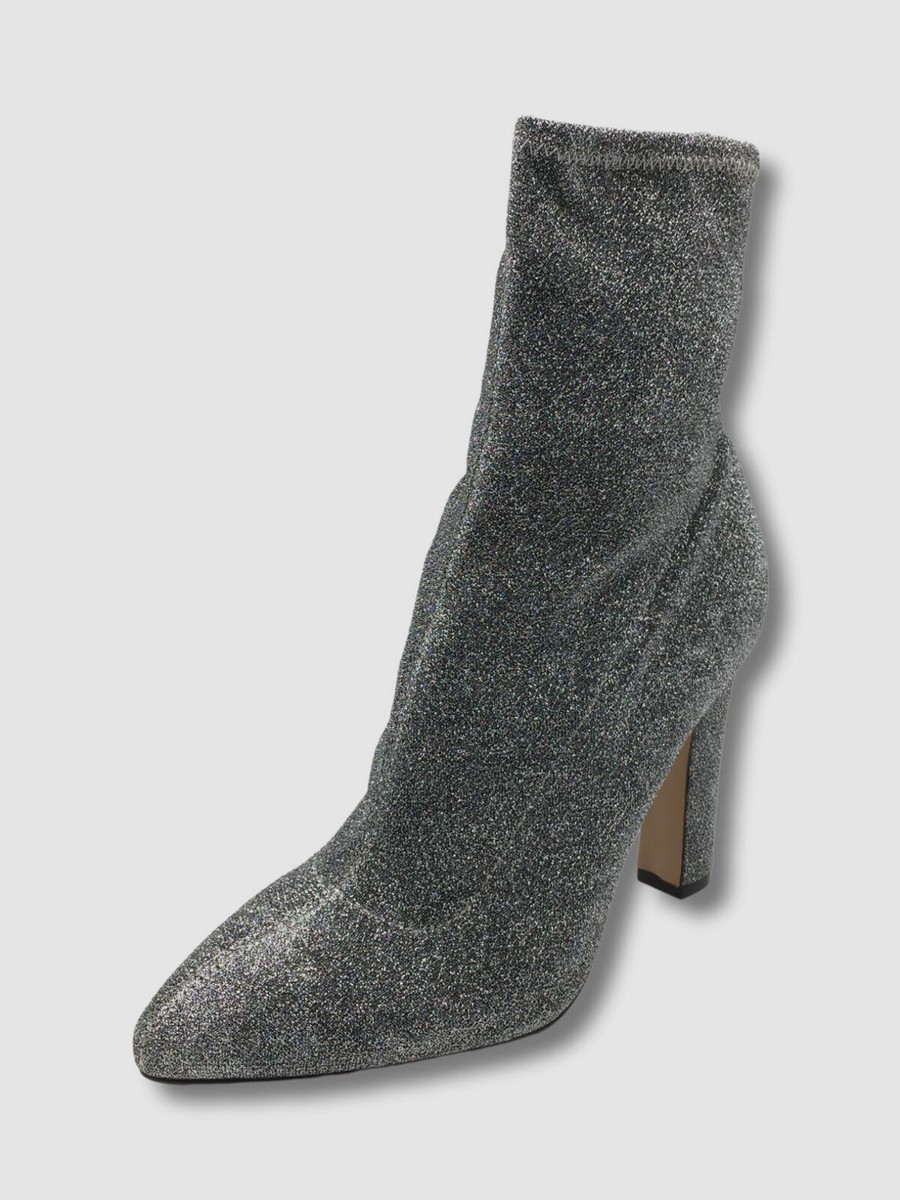 $400 Neiman Marcus Women Silver Glitter Stretch Sock Boot Shoe