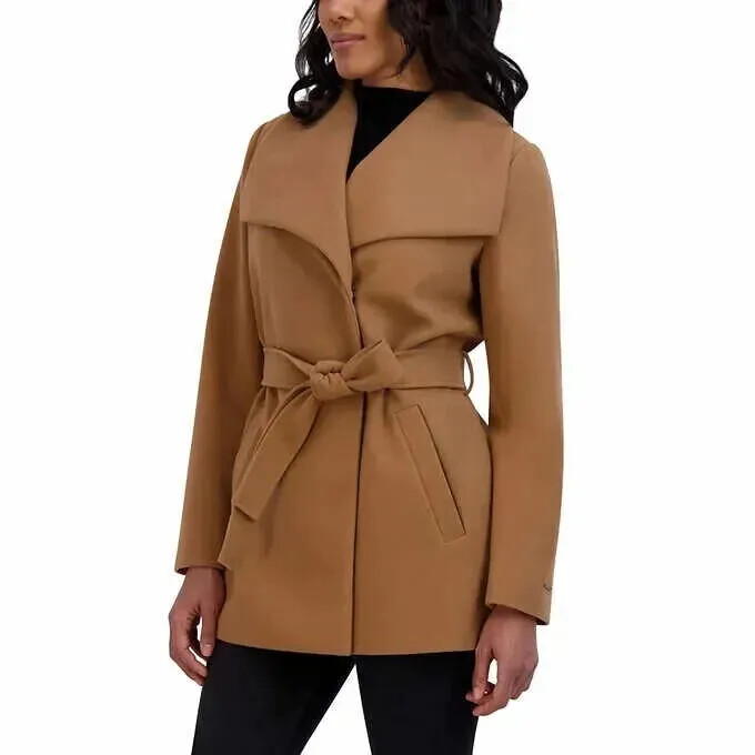 Tahari Wrap Coat Women's Tie Belt Trench Jacket Tan Water