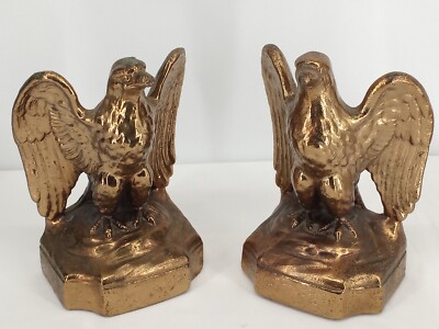 Cast Iron Gold Painted Pair of Eagle Bookends Perched Spread Eagle Heavy 7x4.5x4