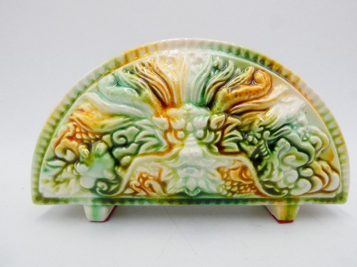 MAJOLICA PORCELAIN CHINA EMBOSSED FLORAL LETTER STAND NAPKIN HOLDER RACK