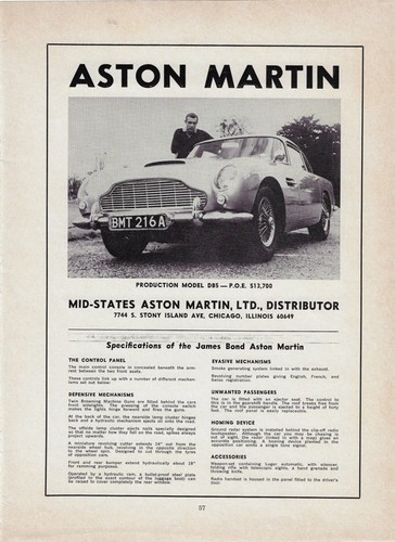 1966 Aston Martin DB5 James Bond 007 Sean Connery RARE Original Vintage Print Ad