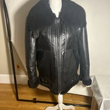 The Arrivals Distressed Leather Shearling Trim Jacket Black Full Zip Small