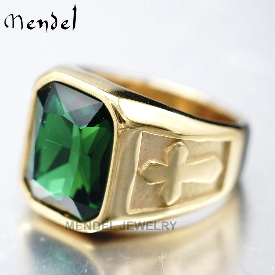 Anillo de piedra de circonita verde cruz cristiana enchapado en oro MENDEL para hombre talla 7 8-15 Foto 4 de 4