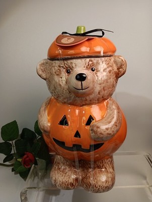 Creepy Critters Bear In   Pumpkin Halloween Ceramic Cookie Jar w/ Lid 72 oz 