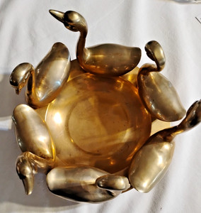 RARE .. Mid century Asian Brass Swan incense Burner mounted on Bowl GOOGLE IT!!!