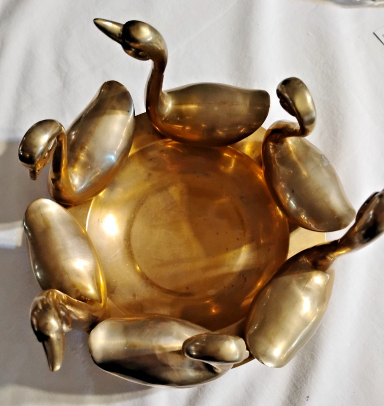 RARE .. Mid century Asian Brass Swan incense Burner mounted on Bowl GOOGLE IT!!!