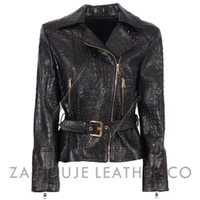 Women’s Black Croc Embossed Leather Jacket, Luxury Belted Gold Zip Biker Coat