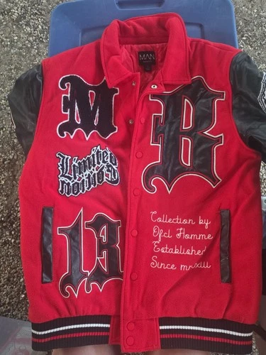 boohooMAN Men's Red Letterman Varsity Jacket Patches Quilted Lining Snap Sz L - product listing photo